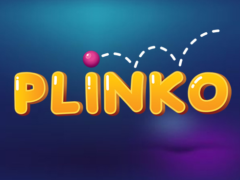 Ein lebhaftes Design mit dem Wort 'PLINKO' in gelben, fetten Buchstaben. Über dem Schriftzug springt ein pinker Ball, der eine gestrichelte Sprungspur hinterlässt. Der Hintergrund ist in Blau- und Lilatönen gehalten.